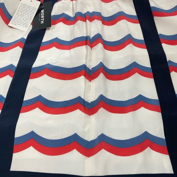 Worth New York Silk Skirt Coral Cornflower White Wave Scarf Border Print SZ 10 - Picture 6 of 7